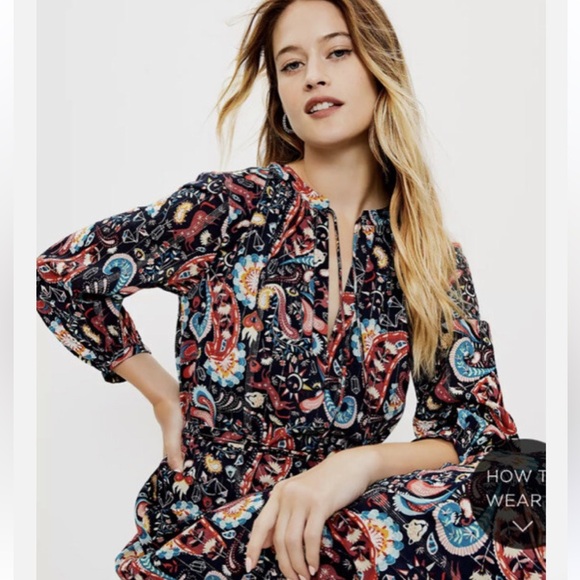 LOFT Multicolor Paisley Long Sleeve Dress Size Medium. E70 - Picture 8 of 17
